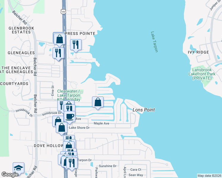 map of restaurants, bars, coffee shops, grocery stores, and more near 66 North Canal Drive in Palm Harbor