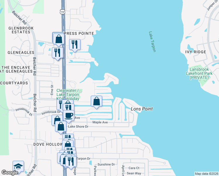 map of restaurants, bars, coffee shops, grocery stores, and more near 66 North Canal Drive in Palm Harbor