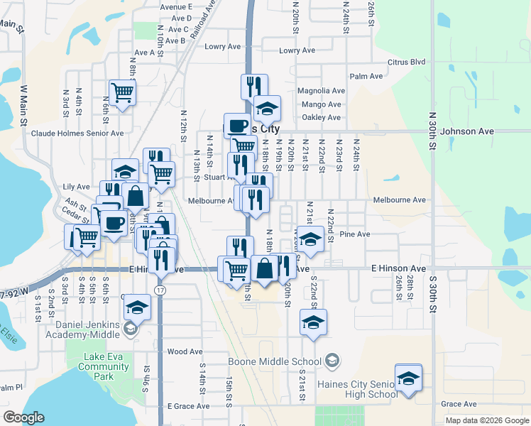 map of restaurants, bars, coffee shops, grocery stores, and more near 117 North 18th Street in Haines City