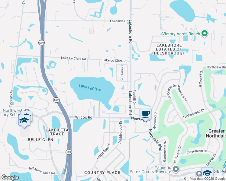 map of restaurants, bars, coffee shops, grocery stores, and more near 16830 Le Clare Shores Drive in Tampa
