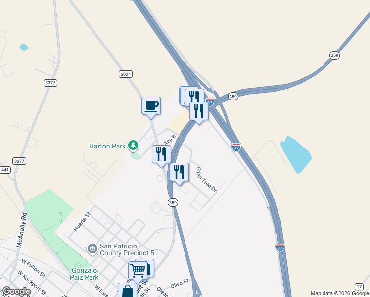 map of restaurants, bars, coffee shops, grocery stores, and more near 402 Redwood Drive in Mathis