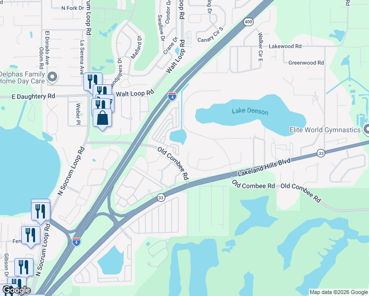 map of restaurants, bars, coffee shops, grocery stores, and more near 1023 Lake Deeson Woods Lane in Lakeland