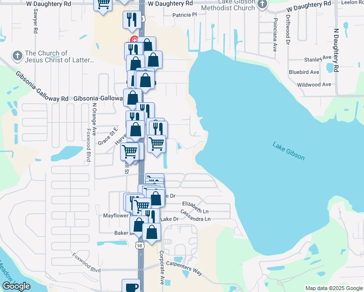 map of restaurants, bars, coffee shops, grocery stores, and more near 5233 US Highway 98 North in Lakeland