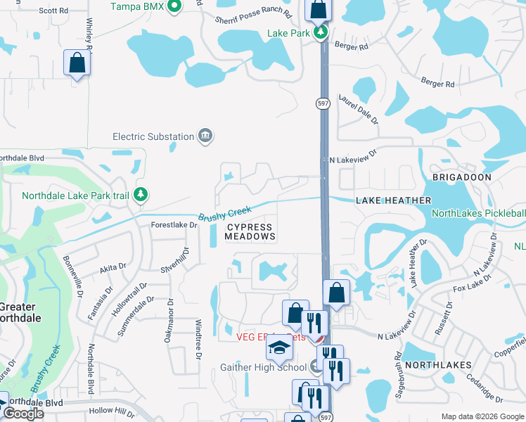 map of restaurants, bars, coffee shops, grocery stores, and more near 3822 Cypress Meadows Road in Tampa
