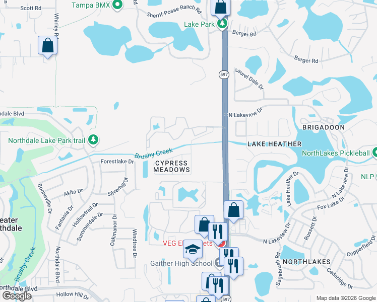 map of restaurants, bars, coffee shops, grocery stores, and more near 3822 Cypress Meadows Road in Tampa