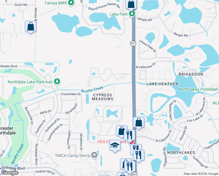 map of restaurants, bars, coffee shops, grocery stores, and more near 3822 Cypress Meadows Road in Tampa