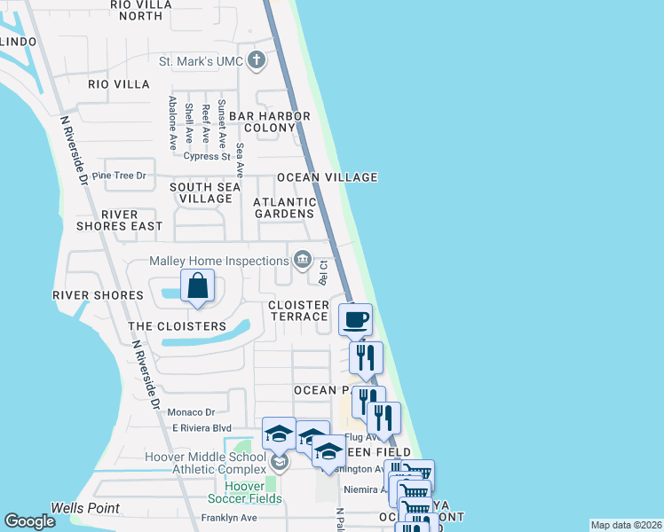 map of restaurants, bars, coffee shops, grocery stores, and more near 1575 North Highway A1A in Indialantic