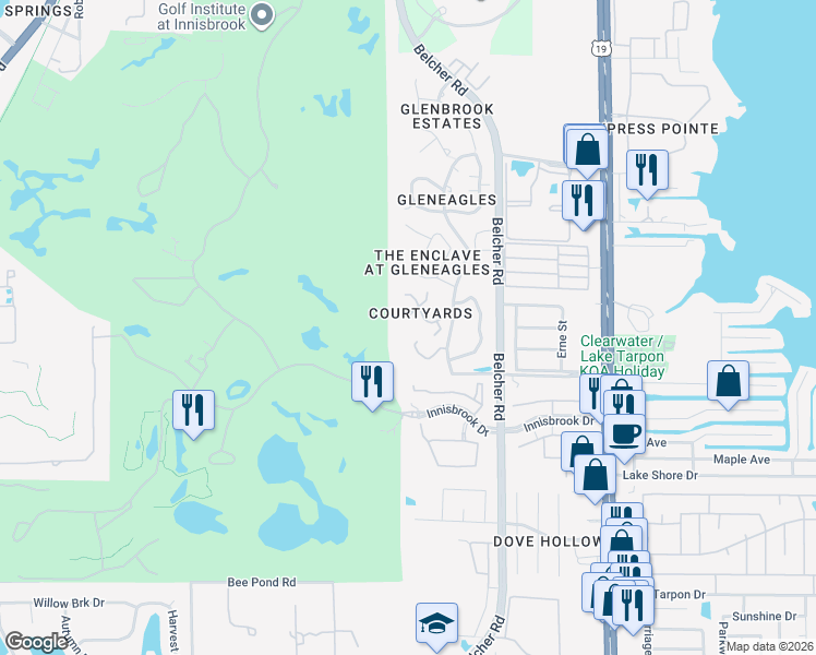 map of restaurants, bars, coffee shops, grocery stores, and more near 2136 Clover Hill Road in Palm Harbor