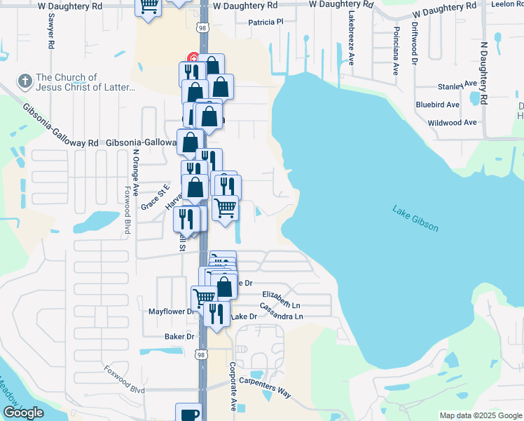 map of restaurants, bars, coffee shops, grocery stores, and more near 5233 US Highway 98 North in Lakeland