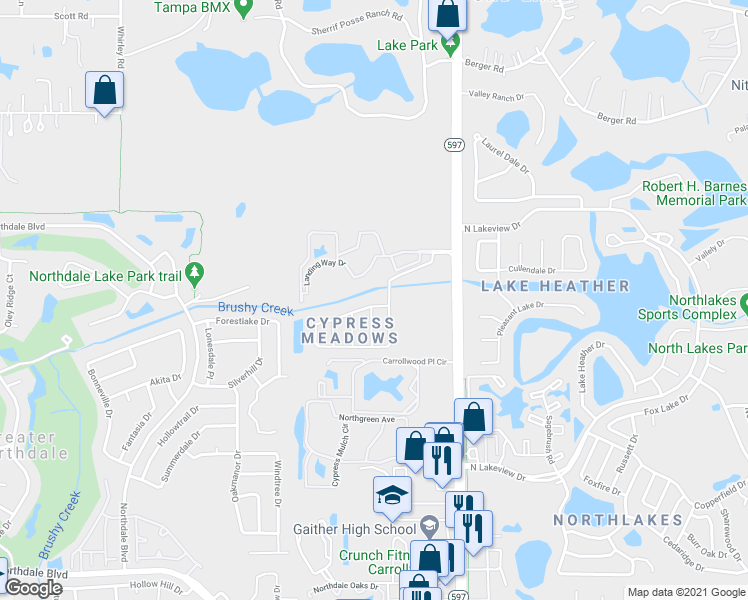 map of restaurants, bars, coffee shops, grocery stores, and more near 3822 Cypress Meadows Road in Tampa