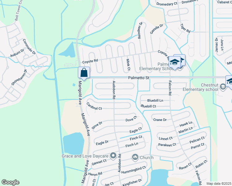 map of restaurants, bars, coffee shops, grocery stores, and more near 501 Blackbird Lane in Poinciana