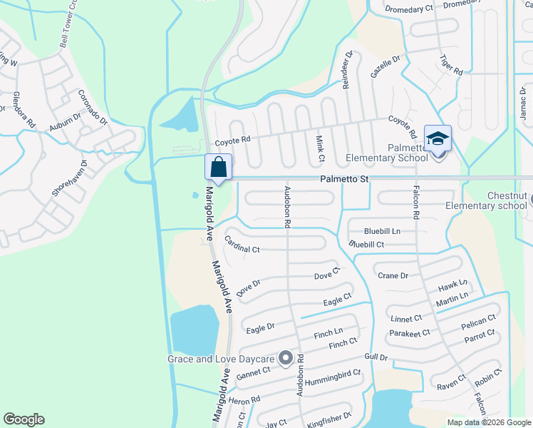 map of restaurants, bars, coffee shops, grocery stores, and more near 409 Blackbird Way in Kissimmee