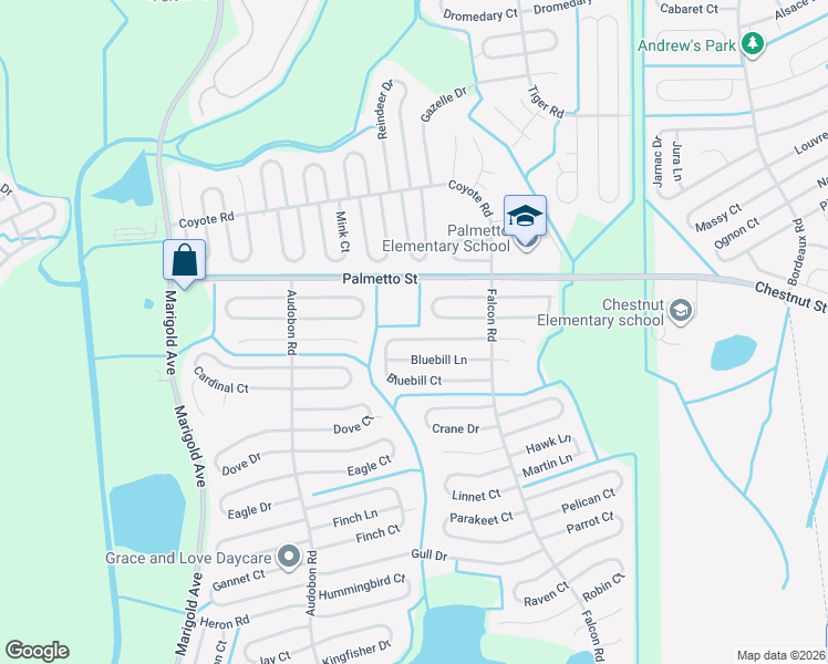 map of restaurants, bars, coffee shops, grocery stores, and more near 623 Bluebill Court in Kissimmee