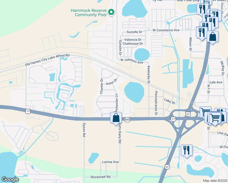 map of restaurants, bars, coffee shops, grocery stores, and more near 157 Winchester Lane in Haines City