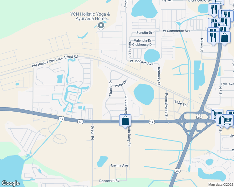 map of restaurants, bars, coffee shops, grocery stores, and more near 509 Winthrop Place in Haines City