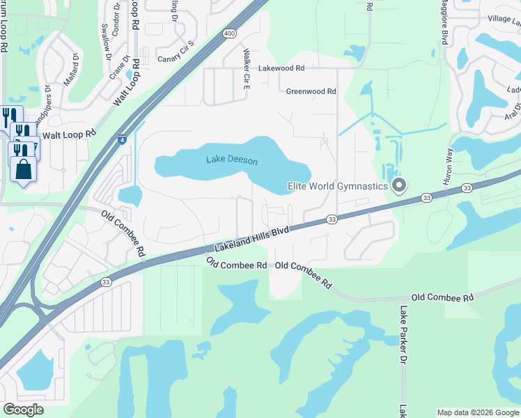 map of restaurants, bars, coffee shops, grocery stores, and more near 5210 Florida 33 in Lakeland