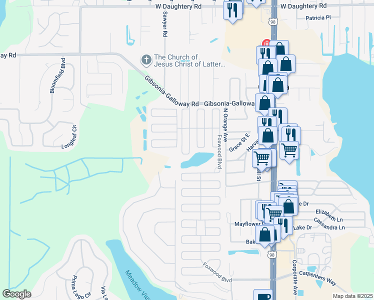 map of restaurants, bars, coffee shops, grocery stores, and more near 4911 Deerwood Drive in Lakeland