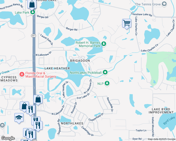 map of restaurants, bars, coffee shops, grocery stores, and more near 16515 Brigadoon Drive in Tampa