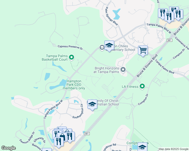 map of restaurants, bars, coffee shops, grocery stores, and more near 5130 Mayfair Park Court in Tampa