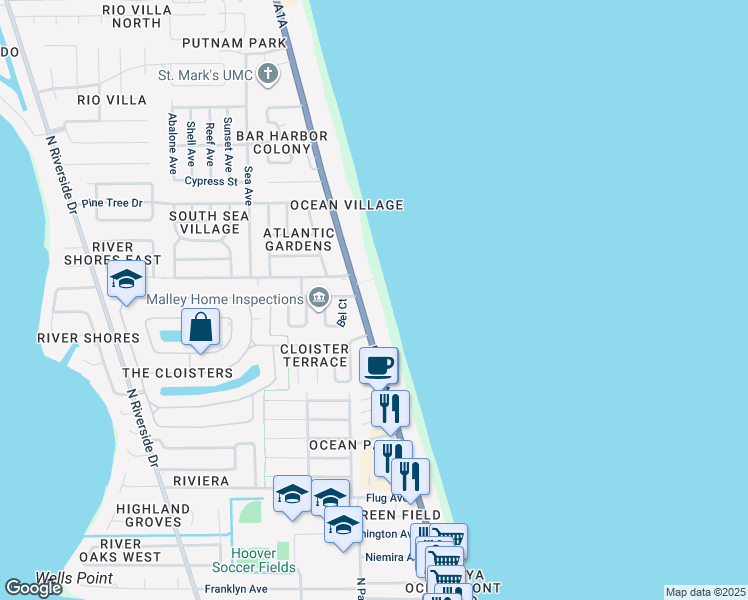 map of restaurants, bars, coffee shops, grocery stores, and more near 1575 North Highway A1A in Indialantic