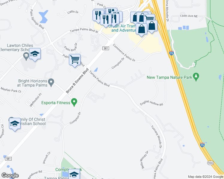 map of restaurants, bars, coffee shops, grocery stores, and more near 16304 Fairford Palms Court in Tampa