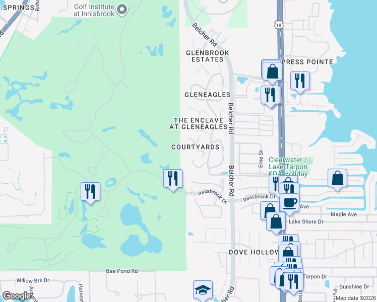map of restaurants, bars, coffee shops, grocery stores, and more near 2136 Clover Hill Road in Palm Harbor
