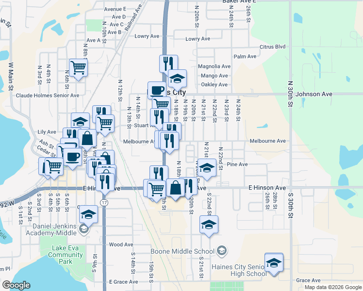 map of restaurants, bars, coffee shops, grocery stores, and more near 117 North 18th Street in Haines City