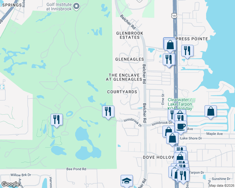 map of restaurants, bars, coffee shops, grocery stores, and more near 2128 Clover Hill Road in Palm Harbor