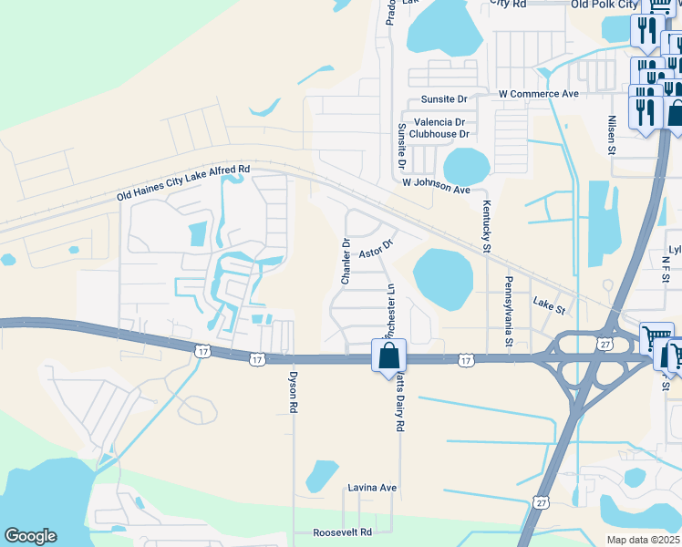 map of restaurants, bars, coffee shops, grocery stores, and more near 938 Chanler Drive in Haines City