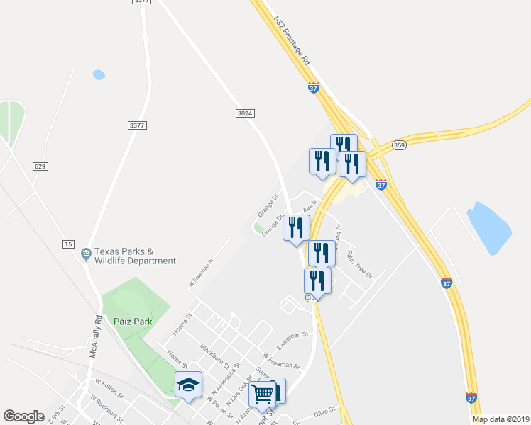 map of restaurants, bars, coffee shops, grocery stores, and more near 246 Orange Street in Mathis