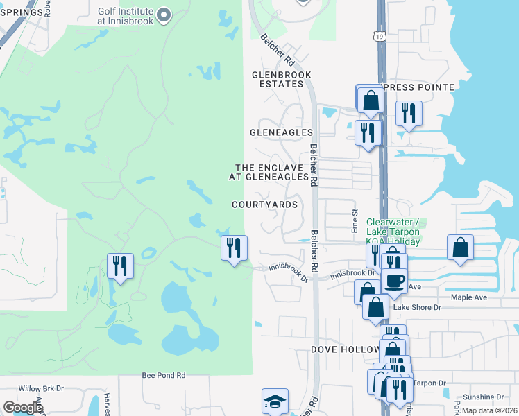 map of restaurants, bars, coffee shops, grocery stores, and more near 2136 Clover Hill Road in Palm Harbor