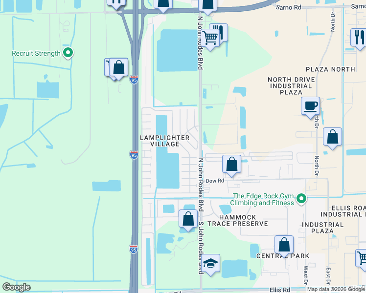 map of restaurants, bars, coffee shops, grocery stores, and more near 278 Lamplighter Drive in Melbourne