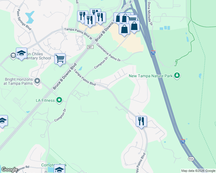 map of restaurants, bars, coffee shops, grocery stores, and more near 7011 Tampa Palms Boulevard in Tampa