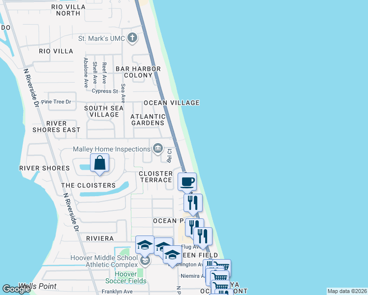 map of restaurants, bars, coffee shops, grocery stores, and more near 1575 North Highway A1A in Indialantic