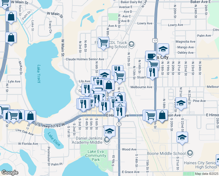 map of restaurants, bars, coffee shops, grocery stores, and more near 216 North 8th Street in Haines City
