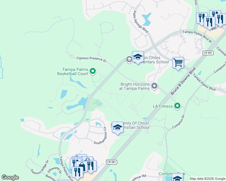map of restaurants, bars, coffee shops, grocery stores, and more near 16204 Hampton Trace Court in Tampa