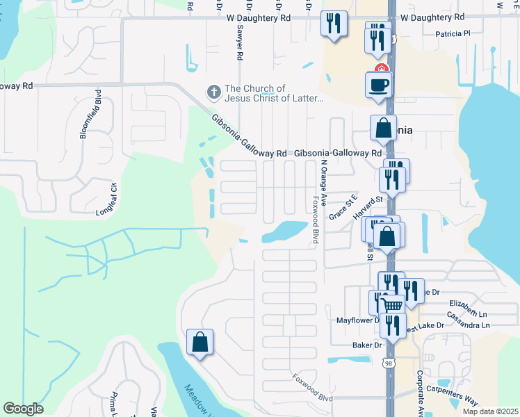 map of restaurants, bars, coffee shops, grocery stores, and more near 1710 Sherwood Hill Drive in Lakeland
