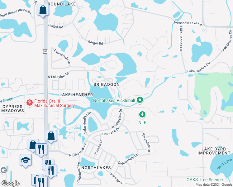 map of restaurants, bars, coffee shops, grocery stores, and more near 16535 Brigadoon Drive in Tampa