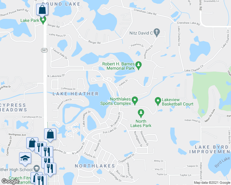 map of restaurants, bars, coffee shops, grocery stores, and more near 16515 Brigadoon Drive in Tampa