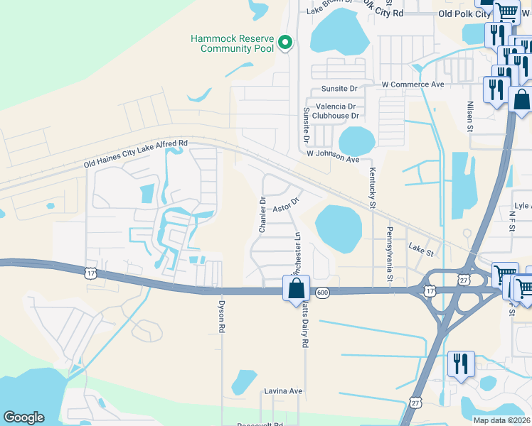 map of restaurants, bars, coffee shops, grocery stores, and more near 509 Winthrop Place in Haines City