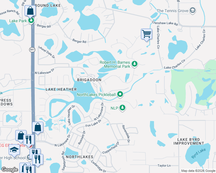 map of restaurants, bars, coffee shops, grocery stores, and more near 16501 Cranwood Place in Tampa