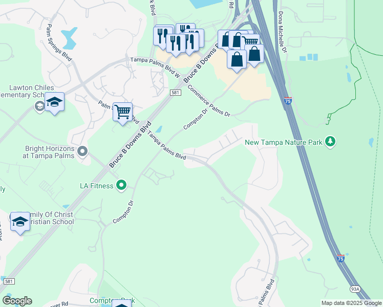 map of restaurants, bars, coffee shops, grocery stores, and more near 16304 Fairford Palms Court in Tampa