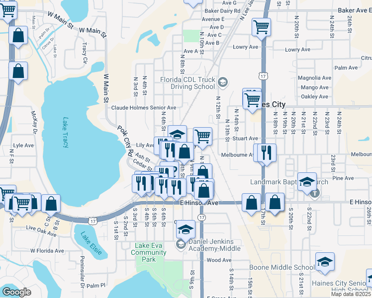 map of restaurants, bars, coffee shops, grocery stores, and more near 902 Lily Avenue in Haines City