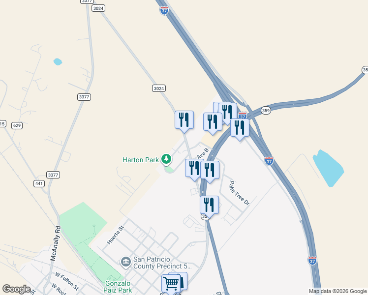 map of restaurants, bars, coffee shops, grocery stores, and more near 910 FM 3024 in Mathis