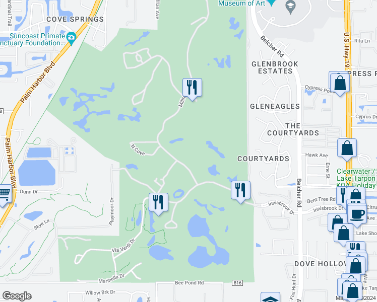 map of restaurants, bars, coffee shops, grocery stores, and more near 36750 US Highway 19 North in Palm Harbor