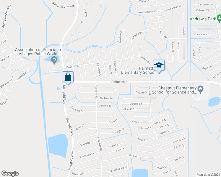 map of restaurants, bars, coffee shops, grocery stores, and more near 515 Albatross Drive in Kissimmee