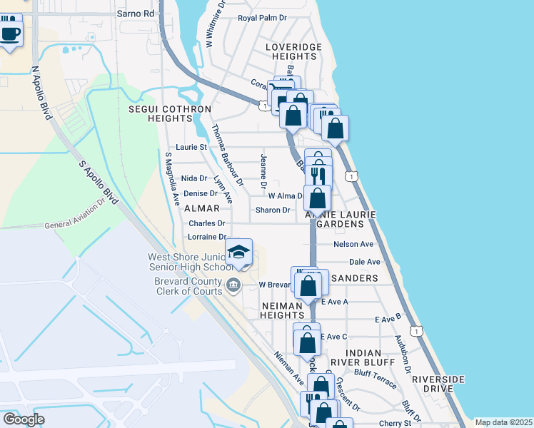 map of restaurants, bars, coffee shops, grocery stores, and more near 455 West Alma Drive in Melbourne