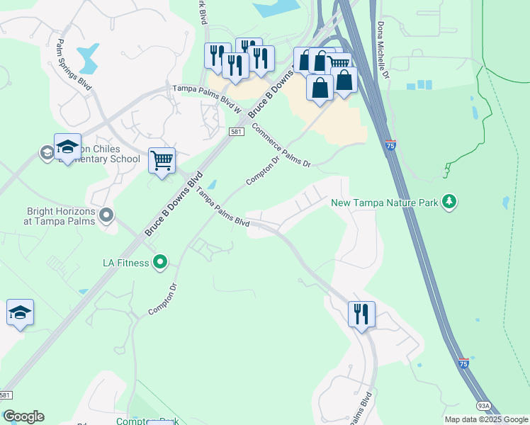 map of restaurants, bars, coffee shops, grocery stores, and more near 16309 Fairford Palms Court in Tampa