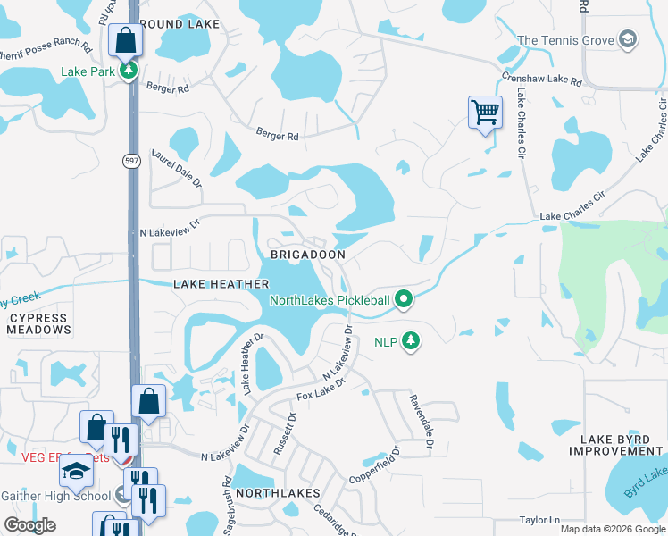 map of restaurants, bars, coffee shops, grocery stores, and more near 16553 Brigadoon Drive in Tampa