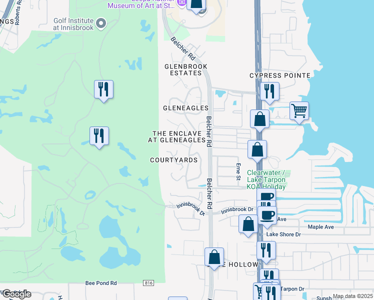 map of restaurants, bars, coffee shops, grocery stores, and more near 2181 Trevor Road in Palm Harbor